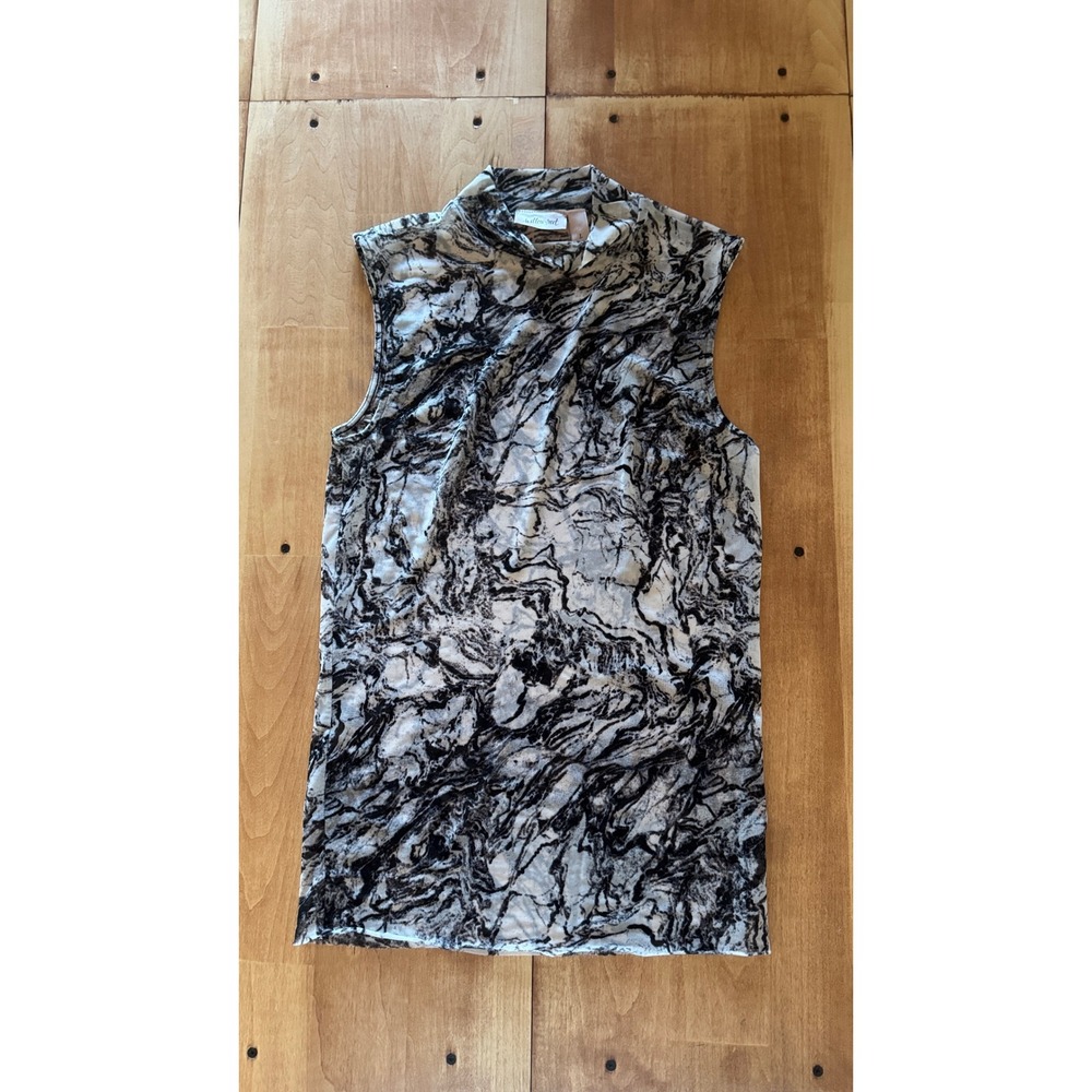 Willow + Root Womens Marble Print Sheer Mesh Mock Neck Sleeveless‎ Top Black L